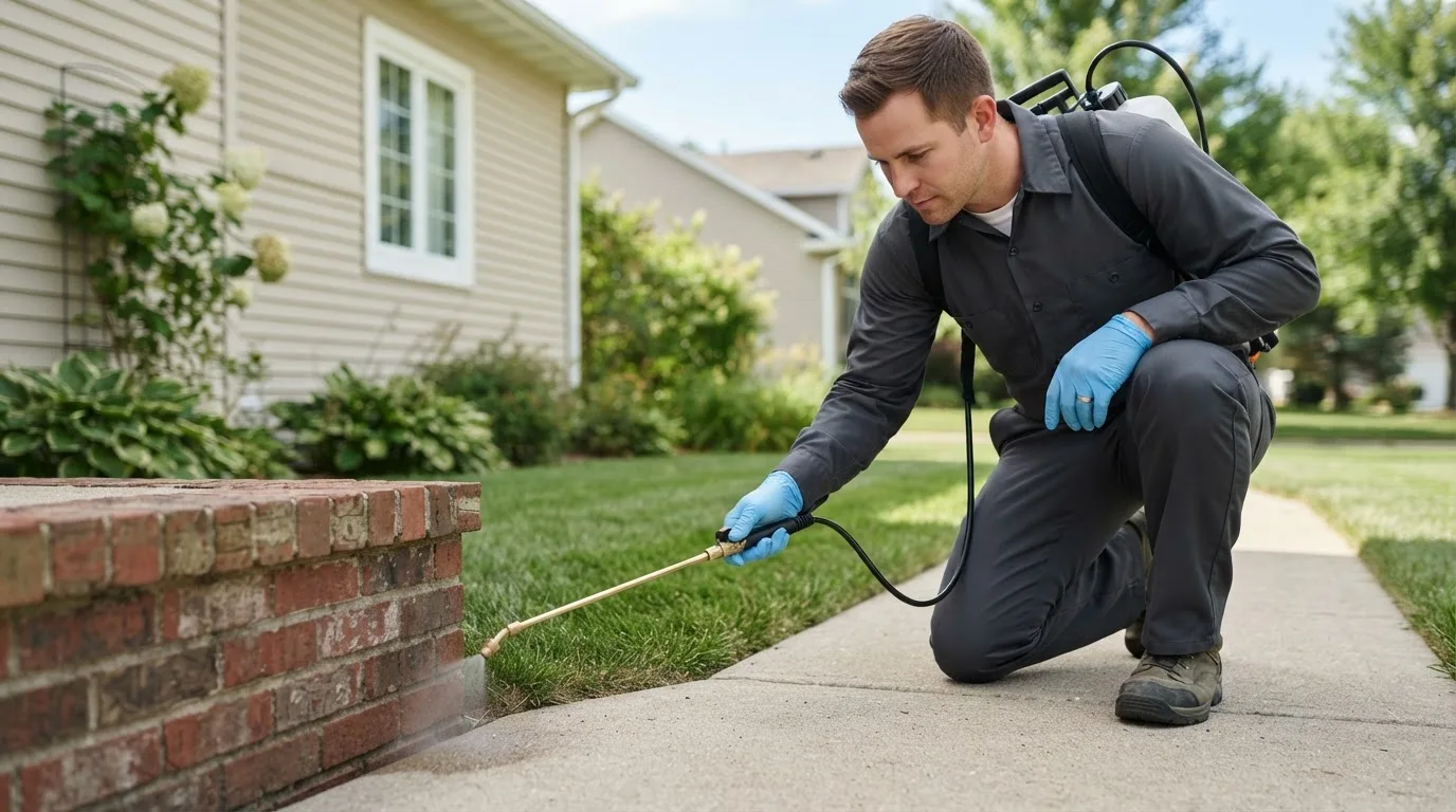 Pest control technician treating a home near Louisville, IL