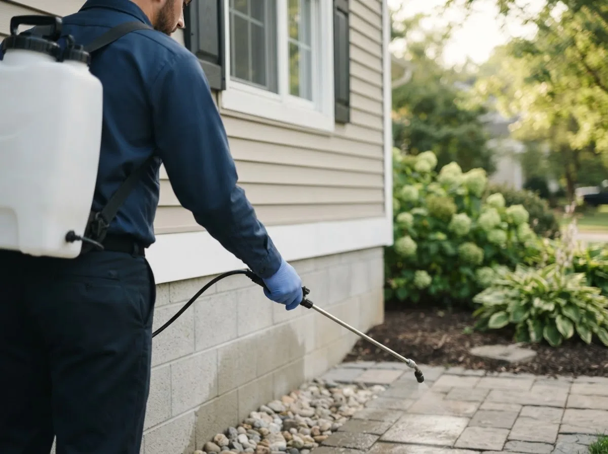 Pest control technician inspecting a home in Louisville, IL
